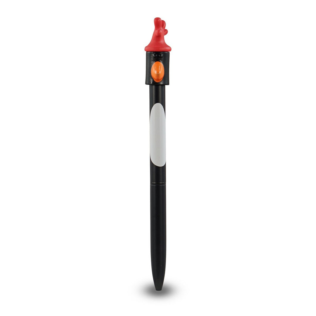 Black pen with topper featuring penguin head with red glove on top. 