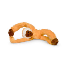 Load image into Gallery viewer, an orange monkey plush lying on its side with its arms and legs connected 
