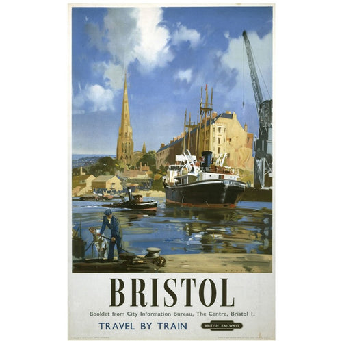 Magnet shows photographic style print with view of Bristol harbour, boats, a crane and a church. A man in the foreground ties a rope. Underneath the picture, text reads 