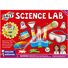 Load image into Gallery viewer, Packaging for Science Lab is a red, rectangular box. Packaging reads &quot;Galt, Science Lab, STEM, make a test tube kaleidoscope, stack liquids, create lively lava, and a bouncy ball and much more! Colourful ilustrations show test tubes, goggles, ghosts and other contents. Warnings listed across the bottom in fine print. 
