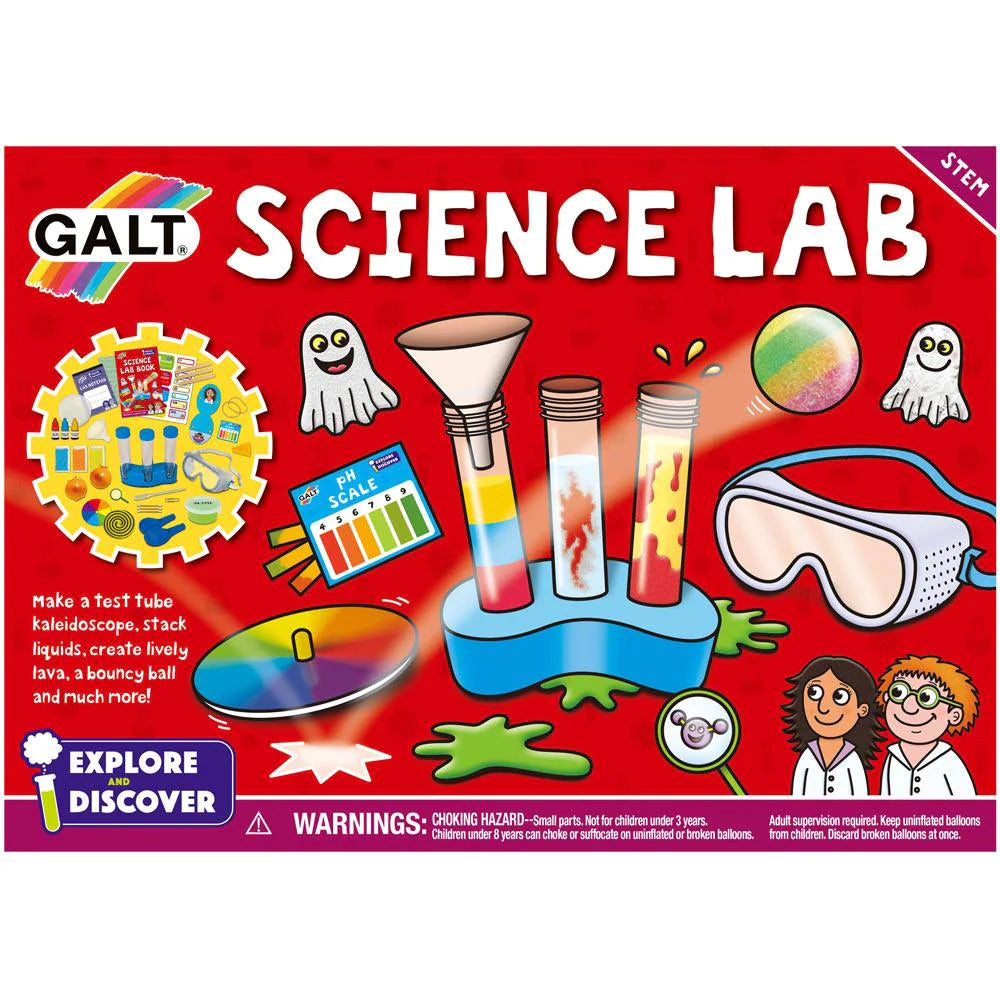 Packaging for Science Lab is a red, rectangular box. Packaging reads 