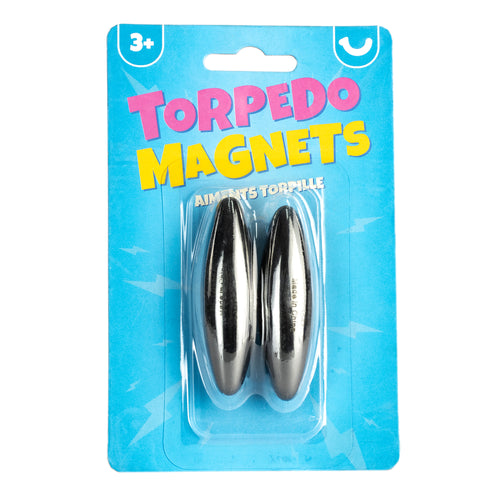 blue packaging with plastic window showing two long black oval magnets. 