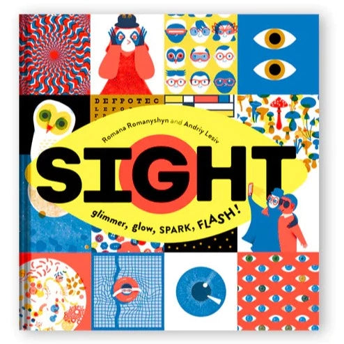 Book cover shows 16 square panels with different illustrations in bright blue, red white and yellow. Illustrations include people, eyes, owl, art and optical illusions.