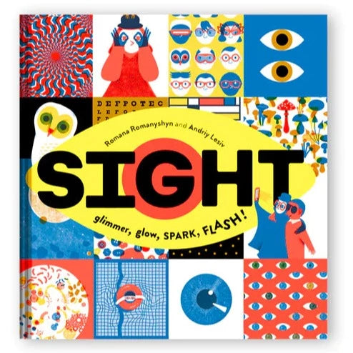 Book cover shows 16 square panels with different illustrations in bright blue, red white and yellow. Illustrations include people, eyes, owl, art and optical illustions. Below title, cover reads 'glimmer, glow, spark, flash!' 