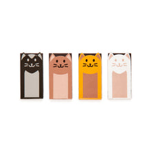 Load image into Gallery viewer, Four cat bookmarks in a row each a different colour, black, brown, yellow and white.  

The cat bookmarks are rectangular in shape with one end of the rectangle being rounded and having pointed ears to make the head of a cat. The face of a cat is printed on.
