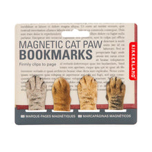 Load image into Gallery viewer, Bookmarks attached to card. Card reads &#39;magnetic cat paw bookmarks. firmly clips to page.&#39;
