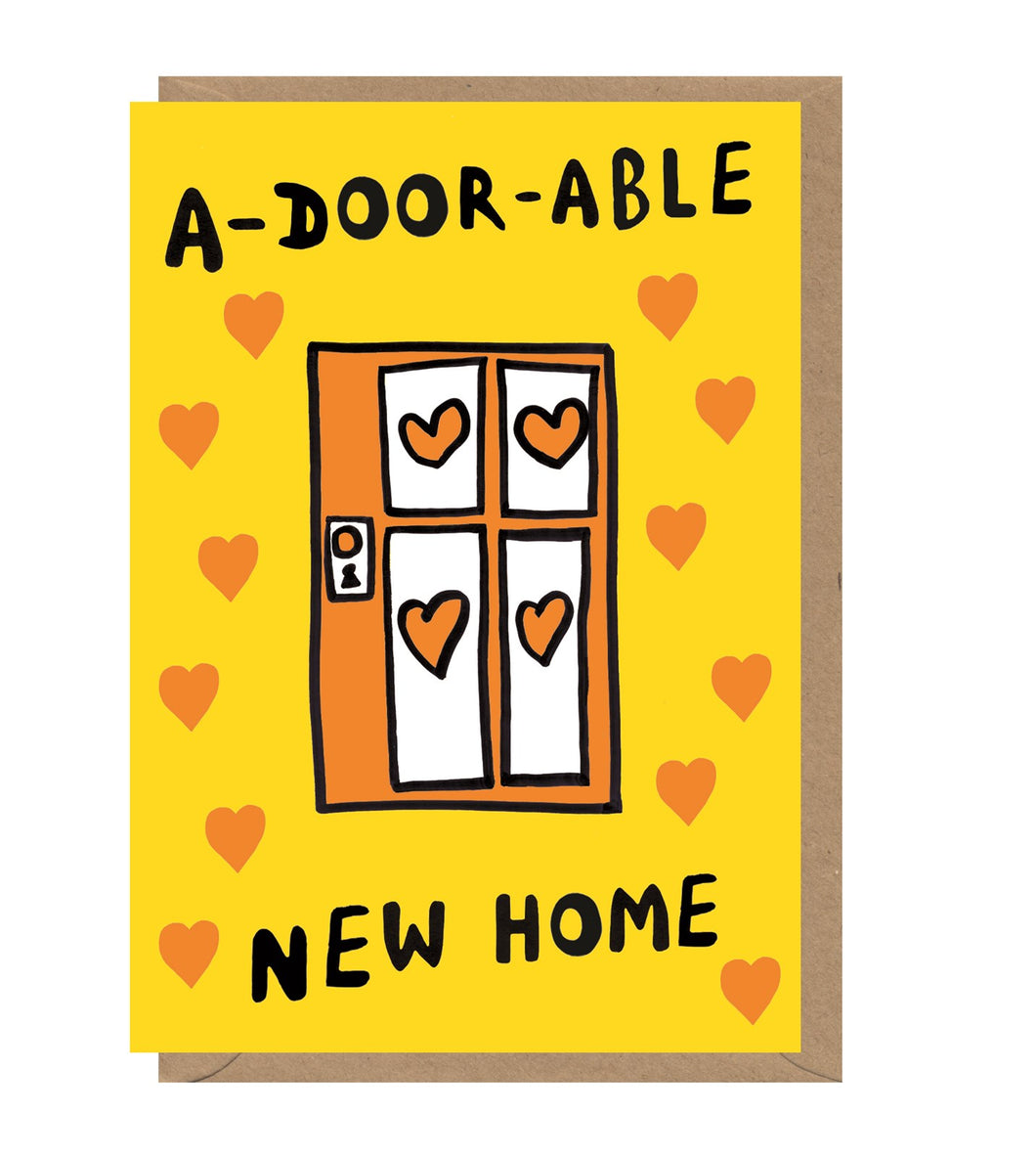 Yellow card with a illustration of an orange door. Orange hearts around the card. 