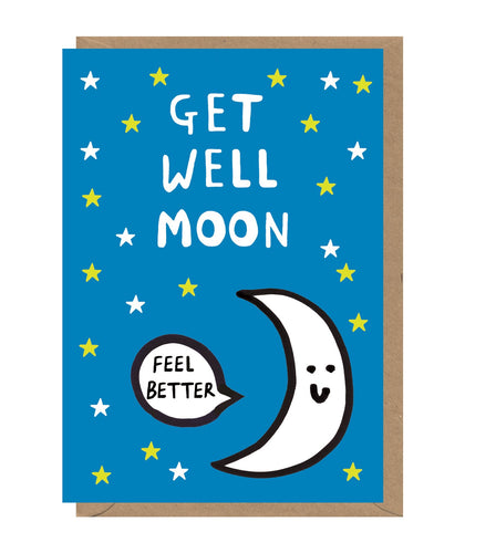 Blue card with smiling crescent moon and stars. Moon has speach bubble reading 'feel better'. Card reads 'get well moon'. 