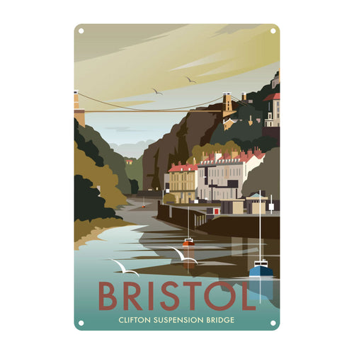Illustrated design of the Clifton suspension bridge with seagulls, boat, and houses. Across the bottom reads 'Bristol' in capital red letters and 'Clifton Suspension Bridge' in off white capital letters. 