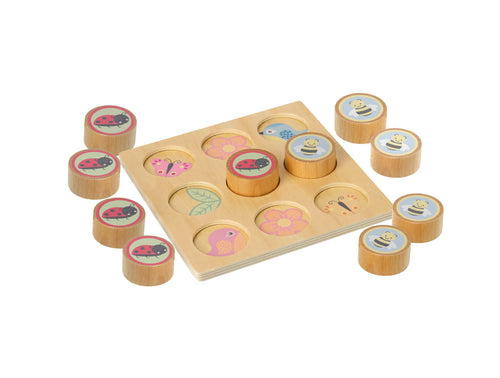 wooden game board with round wooden pieces. 5 pieces each of bees and ladybirds.