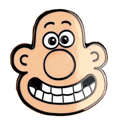 White man's cartoon bald head with big smile. 