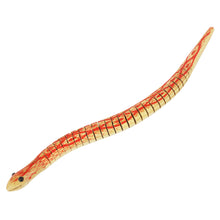 Load image into Gallery viewer, wooden snakes with cuts to separate in the middle. Snake has black beaded eyes and an open mouth. Pattern across the top is red. 
