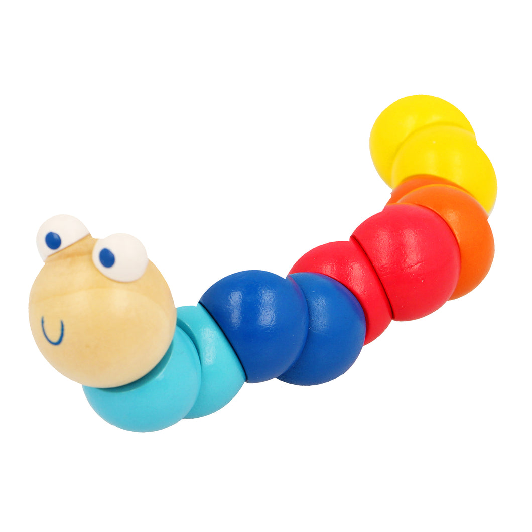 Worm is made up of 11 sections. The head is uncoloured wood with a smile and two lumps on top for eyes. Behind the head are two segments each of the following colours (light blue, dark blue, red, orange and yellow).