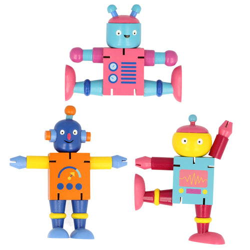 3 robots in various colours and designs with arms and legs in different positions.
