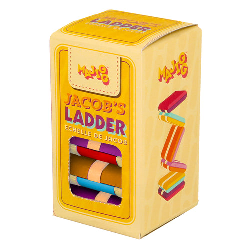 Yellow card box shows illustration of jacobs ladder on side with window in front to see and touch toy.