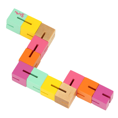 12 different coloured blocks connected together. Blocks are turquoise, yellow, uncoloured wood, pink and orange. 