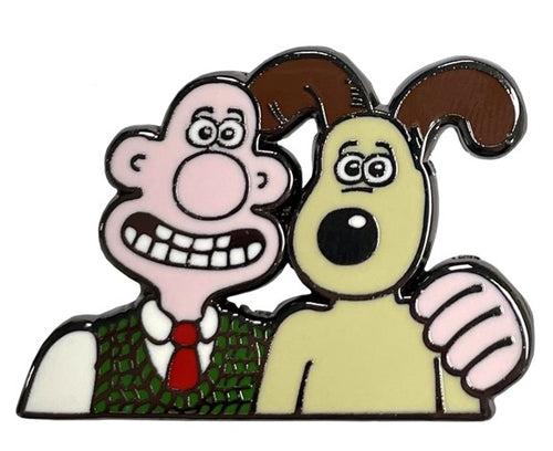 Wallace and Gromit, with Wallace's arm around Gromit's shoulders. Pin badge shows them from the shoulders up.