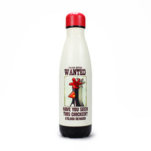 Load image into Gallery viewer, Off white water bottle with design of wanted poster with Feathers McGraw. Red lid. 
