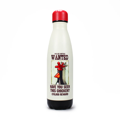 Off white water bottle with design of wanted poster with Feathers McGraw. Red lid. 