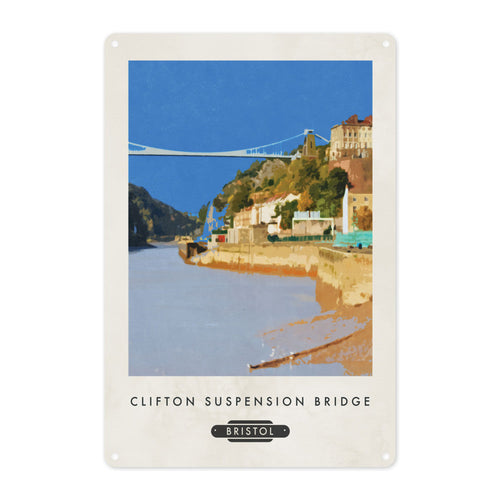 Sign with illustration of the Clifton Suspension bridge with buildings in front. Across the bottom, in capital letters reads 'Clifton Suspension Bridge, Bristol'. 