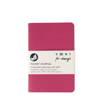 Load image into Gallery viewer, Pink notebook with white band. Notebook has engraved &quot;make a mark&quot; at the top. The band reads &quot;Vent for change, pocket journal, sustainable stationery with style. Notebook made using recycled leather and 100% sustainable paper.&quot;
