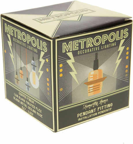 Packaging is cardboard box. Packaging reads 'metropolis decorative lighting, temerity jones, London, Pendant fitting, installation pendentif'. 