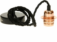 Load image into Gallery viewer, Black ceiling rose with long three strand twisted rope attached to copper lightbulb fitting. No lightbulb attached. 

