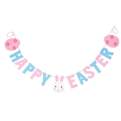 Paper letters, eggs and a bunny are strung on striped string. Letters are blue and pink with white dots and read 'hapy easter'. The eggs are pink with 3 darker pink flowers on each. The bunny head sits in between the two words.