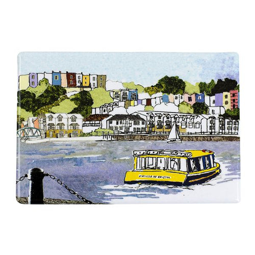Magnet shows colourfully illustrated ferry crossing the harbour, with colourful houses in the background. 