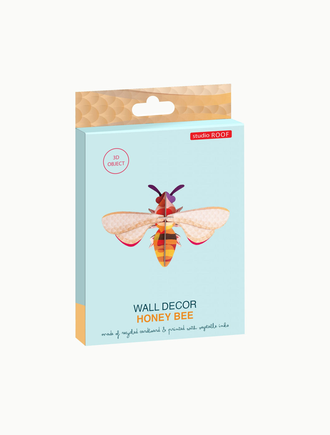 box is blue with image of assembled bee. packaging reads '3D object, made of recycled cardboard and printed with vegetable inks'.