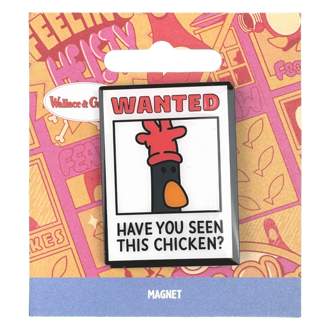 Magnet with wanted poster of penguin with red glove on head. 