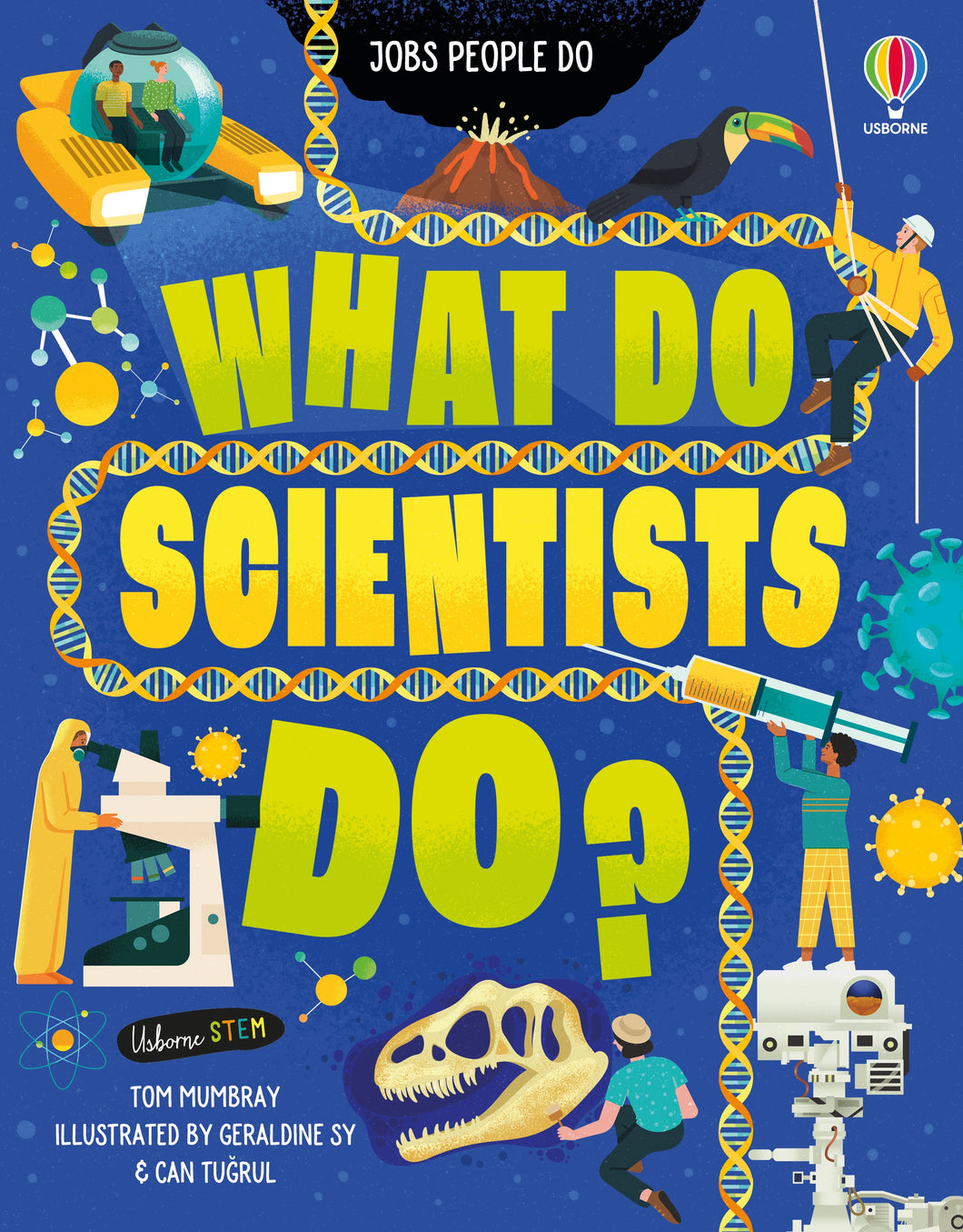 Book cover is blue with illustrations of scientists doing activities.