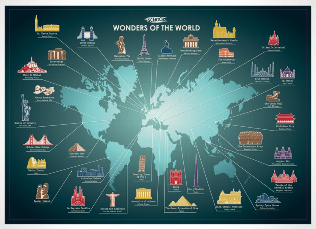 Dark blue poster shows world map in light blue. Around the edge of the map are illustrations of landmarks with lines leading from each to their location on the world map. Across the top reads 'scratch, wonders of the world' in white letters. Below each landmark is it's name and the city and country where it is located. Some of the landmarks are shown in gold, whereas the others are in blue, red, brown and purple. 