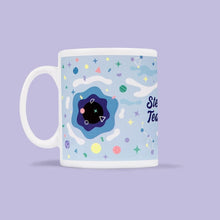 Load image into Gallery viewer, Other side of mug shows a black hole and planets. 
