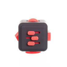 Load image into Gallery viewer, Black fidget cube with three red sliders. 

