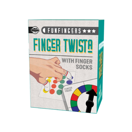 Cardboard box reads 'funfingers finger twista with finger socks'. Illustration on the box shows a hand with socks on the thumb and middle finger stretching across a mat with 4 dots of each colour (yellow, red, green and blue). A spinning wheel in the bottom left points to different colours. 