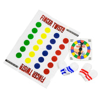 Load image into Gallery viewer, Contents of the box laid flat include a mat with 6 dots of each green, yellow, blue and red. The Spinning wheel is split into 4 sections, one for each finger with four colour options in each section. There are 4 small socks, two with blue stripes, two with red stripes. 
