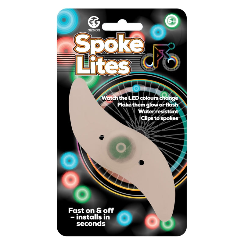 packaging shows spoke light attached to the front. It's white and slightly curved s-shape. Packaging reads 'spoke lites, watch the LED colours change, make them glow or flash, water resistant, clips to spokes, fast on & off - installs in seconds.' 