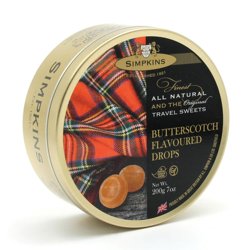 Gold coloured metal tin with photo of two sweets on some tartan. Packaging reads 'Simpkins, established 1921, finest all natural and the original travel sweets.'