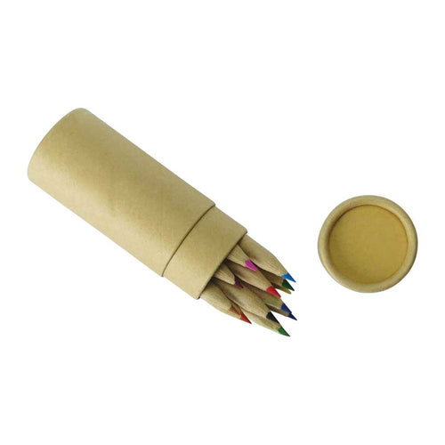 Brown craft tube with coloured pencil tips sticking out. Lid of tube to the right. 