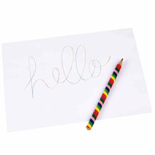 Load image into Gallery viewer, Pencil rests on paper with the word &#39;hello&#39; written in cursive. The word flows from one colour to the next. 
