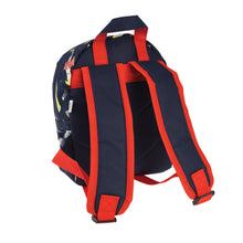 Load image into Gallery viewer, Back of backpack, dark blue and red fabric.
