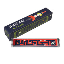 Load image into Gallery viewer, Tilt maze tube and card box packaging. Tube has red and navy puzzle facing upwards with a small metal ball visible inside the plastic tube. Box reads &#39;Space Age Tilt Maze&#39;. 
