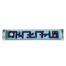 Load image into Gallery viewer, Tilt maze tube with light blue and navy maze facing upwards with metal ball visible inside the tube. Maze is decorated with stars, satellite and moon. 
