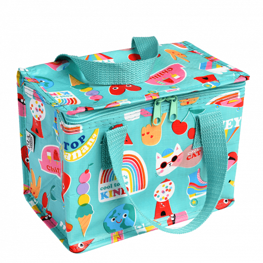 Rectangular light blue lunch bag with blue straps. Zip closure. Colourful illustrations include a cat in sunglasses & a hat, a bubblegum machine, a smiling Earth, an ice cream cone with 4 teetering scoops, and so many more. 