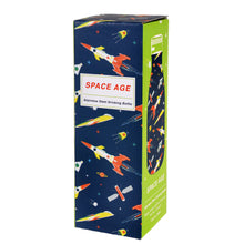Load image into Gallery viewer, Cardboard box packaging is dark blue and light green. One side features same design as bottle and reads &quot;space age stainless steel drinking bottle&quot;. Other visible side shows image of bottle. 
