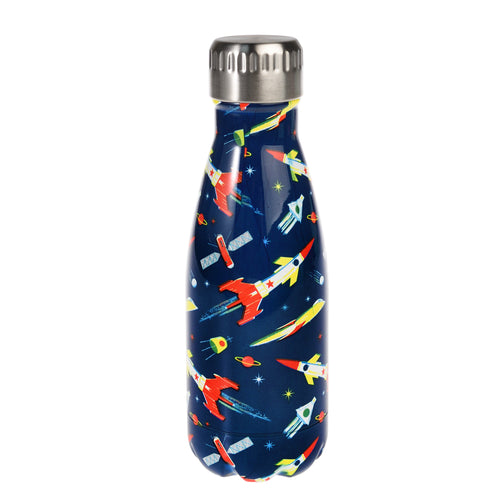 Dark blue bottle with red, yellow and white rockets and satellites. Lid is silver with ridges. 