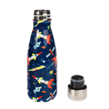 Load image into Gallery viewer, Water bottle with the lid removed and facing upside down beside the bottle. Inside of lid is black. 
