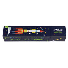 Load image into Gallery viewer, Box is sturdy rectangular navy blue with square lid. Image of height chart on one side, with &#39;space age rocket height chart&#39; on lid. Other side of box reads rocket height chart, measure your height as you grow!&#39; 

