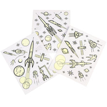 Load image into Gallery viewer, Three sheets of stickers show light yellow stickers on white paper. Images include rockets, astronauts, stars, planets, satellites, etc.
